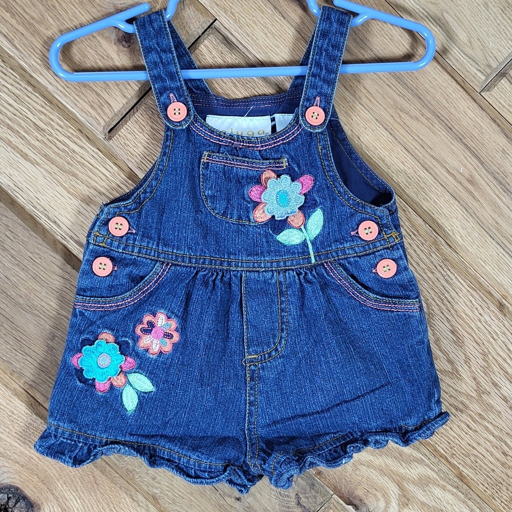 Beluga New York Denim Shortall Romper Baby Girl 12M Floral Embroidered Blue